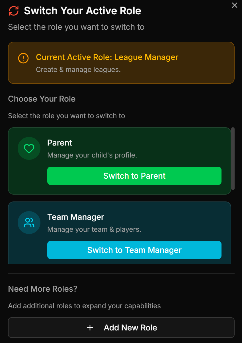 The Switch Your Active Role panel listing the roles on the account.