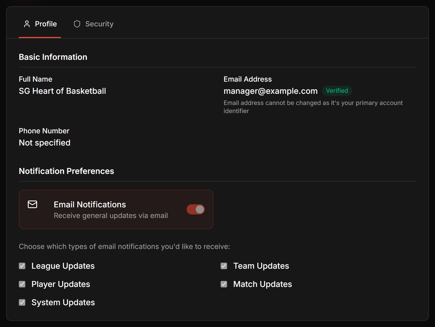 The Account Settings page on the Profile tab, showing name, email and phone fields.