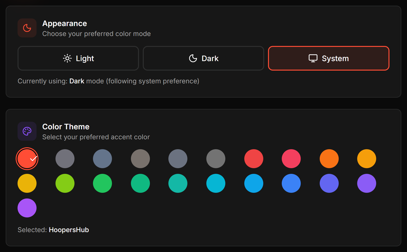 The Preferences page showing Appearance and Color Theme options.
