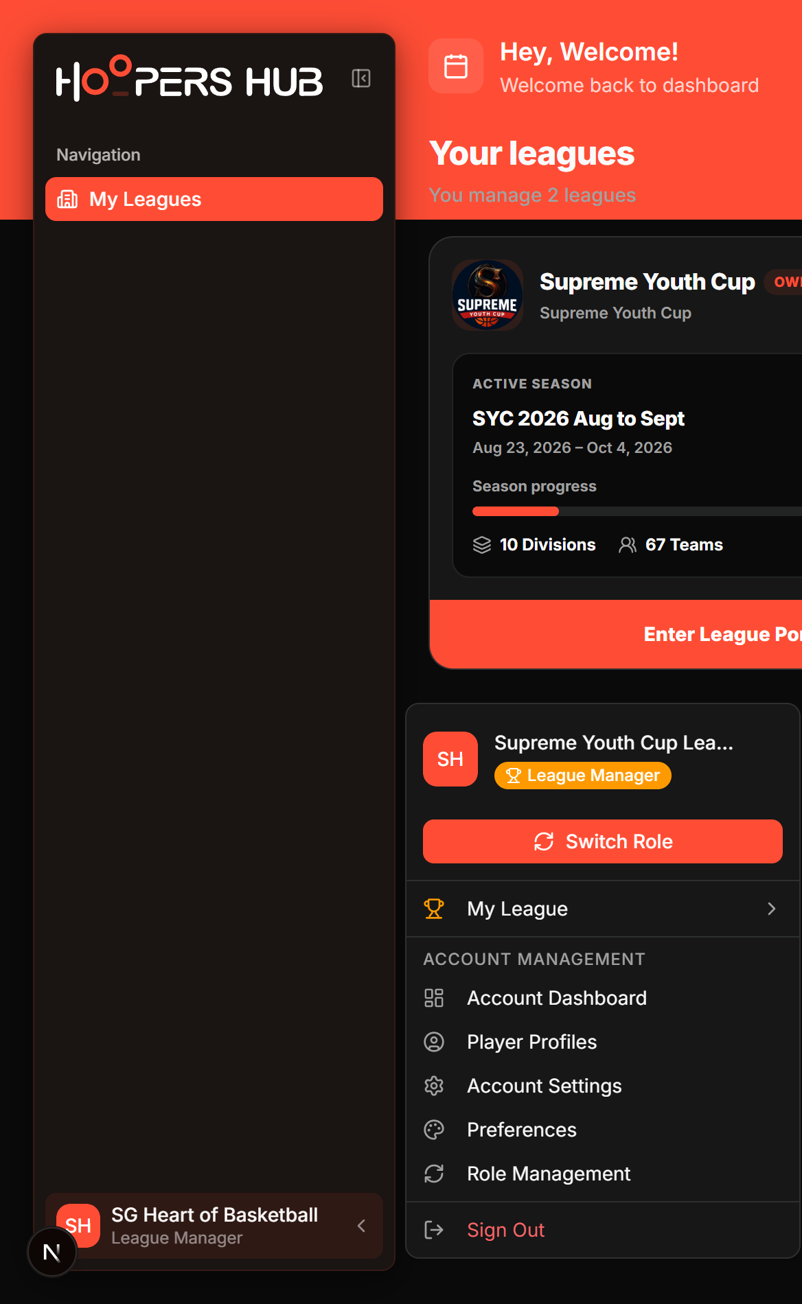 A management portal with the account menu open at the bottom of the left sidebar.