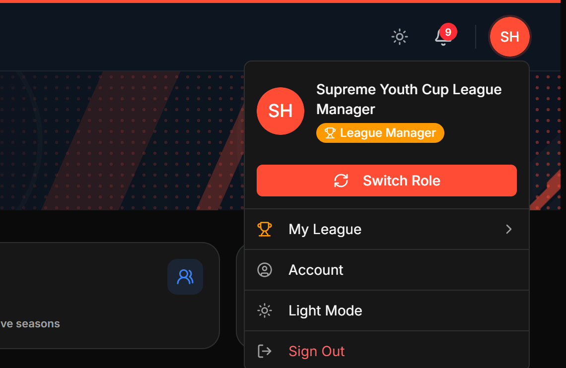 The account menu open under the circular initials button in the top right corner of the page.