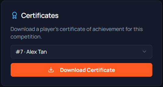 The Certificates card with #7 Alex Tan chosen and the Download Certificate button ready to press.