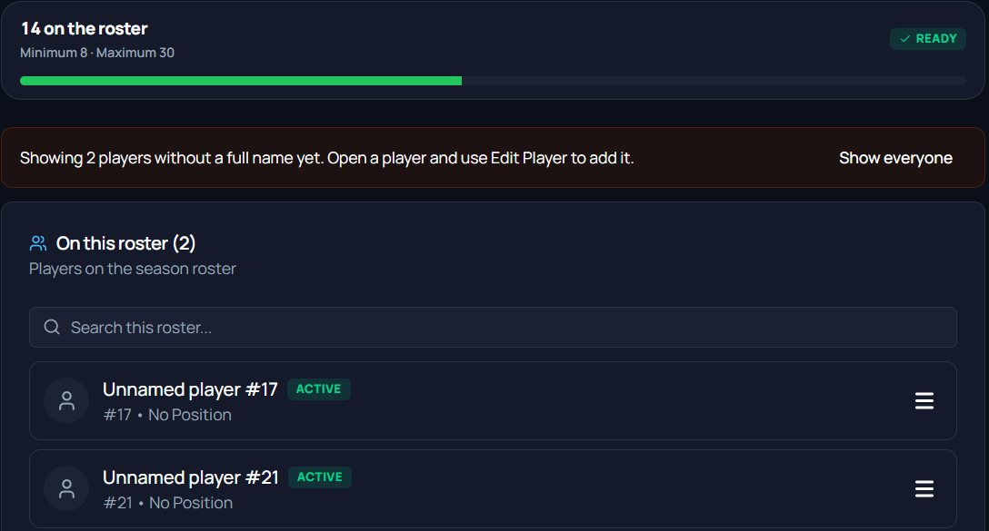 The HOB-U9 roster filtered by the Add names link: a notice reads Showing 2 players without a full name yet, open a player and use Edit Player to add it, with a Show everyone button, above two rows, Unnamed player #17 and Unnamed player #21.