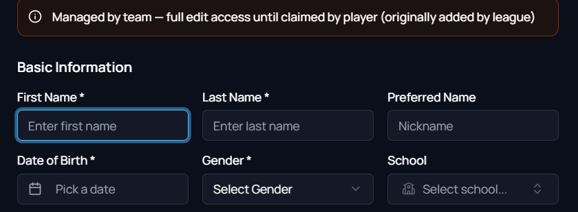 The Edit Player form for a player added by jersey number: empty First Name and Last Name boxes, and the required Date of Birth and Gender fields beneath them.