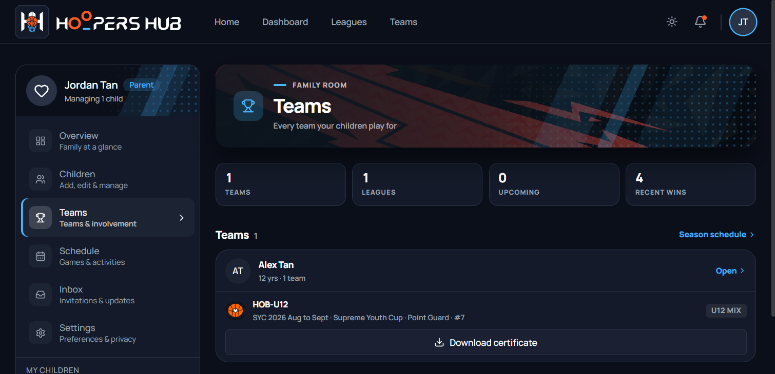 The family portal Teams page: the family sidebar with Teams selected, and a card for Alex Tan listing HOB-U12 in SYC 2026 Aug to Sept, Supreme Youth Cup, with a Download certificate button under the row.