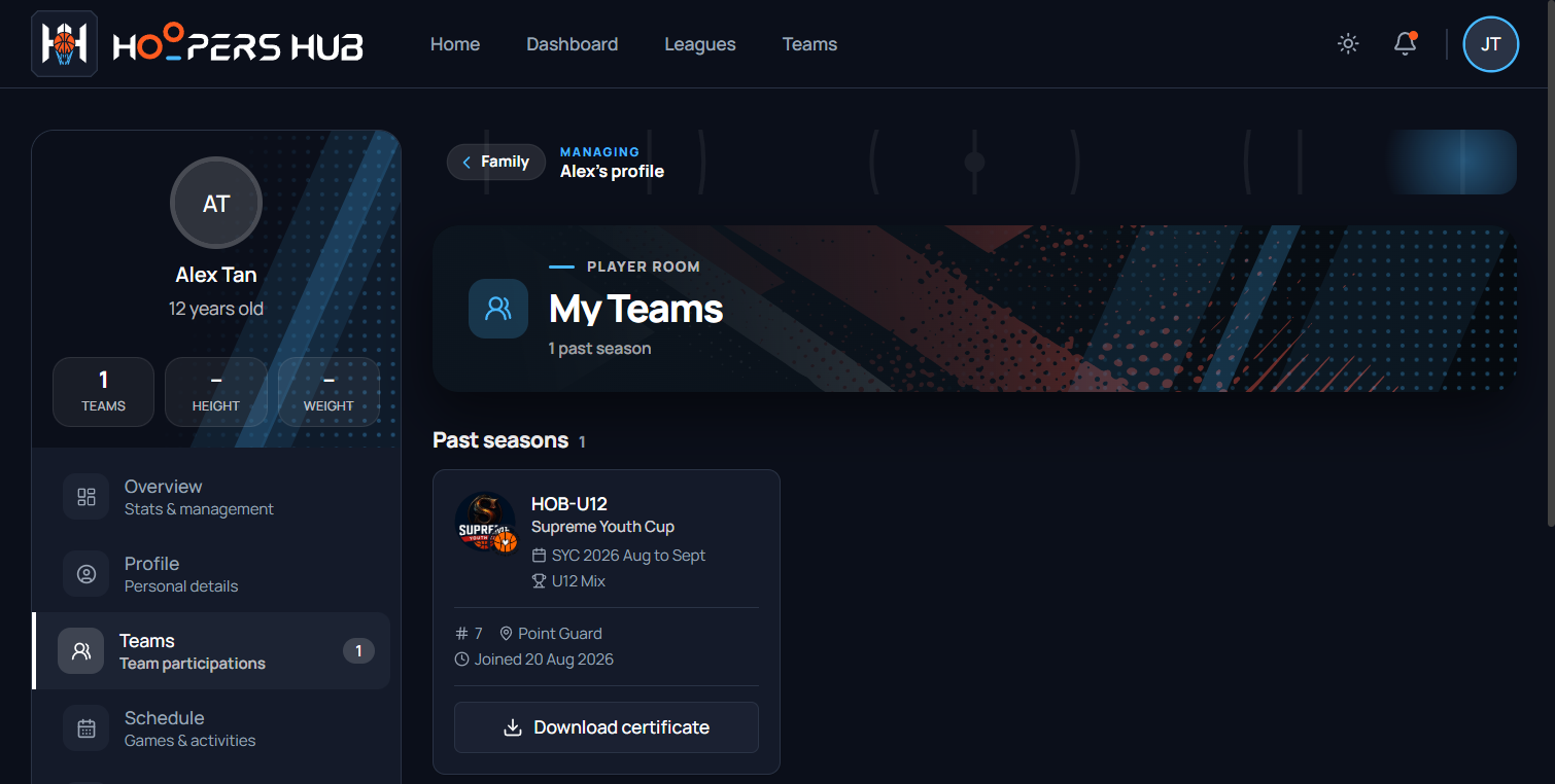 A child's portal while managing Alex's profile: the My Teams page with a Past seasons section holding one card, led by the Supreme Youth Cup logo with the club crest as a small badge, for HOB-U12 in SYC 2026 Aug to Sept, U12 Mix, jersey 7, Point Guard, with a Download certificate button at its foot.