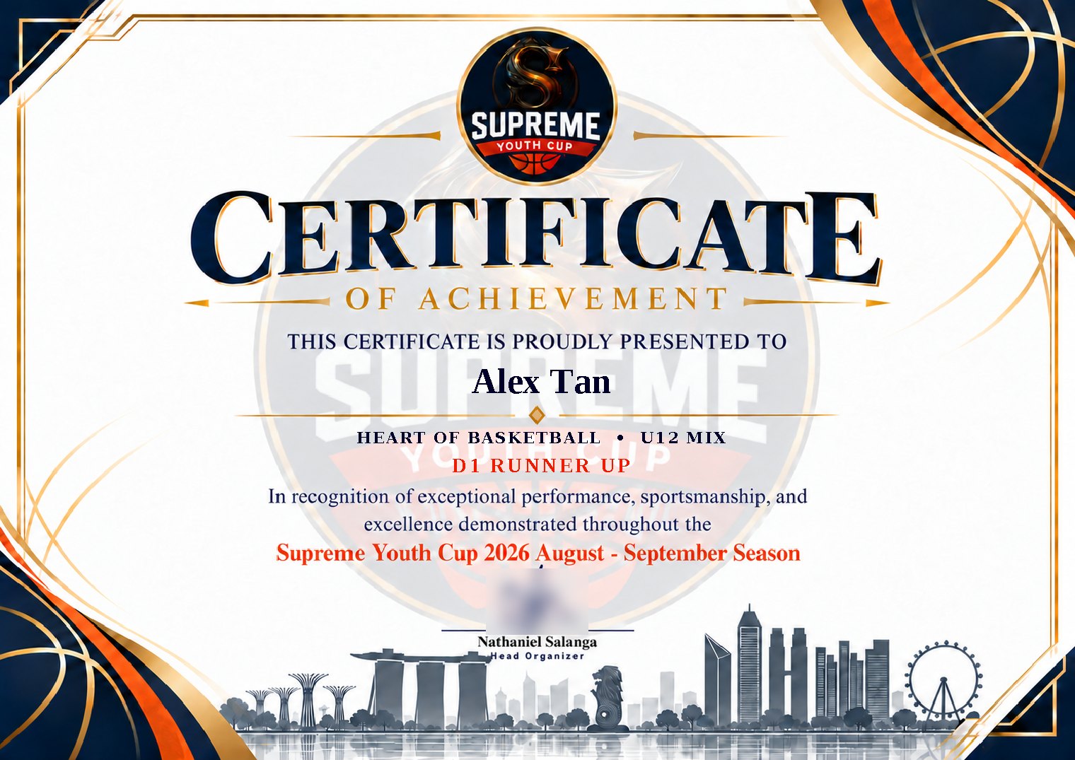 A Supreme Youth Cup certificate of achievement presented to Alex Tan, with HEART OF BASKETBALL and U12 MIX under the gold divider and D1 RUNNER UP in red beneath, above the season line Supreme Youth Cup 2026 August to September Season.