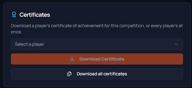 The Certificates card. Under the line Download a player's certificate of achievement for this competition, or every player's at once, there is a Select a player box, a Download Certificate button greyed out until a player is chosen, and a Download all certificates button beneath it.