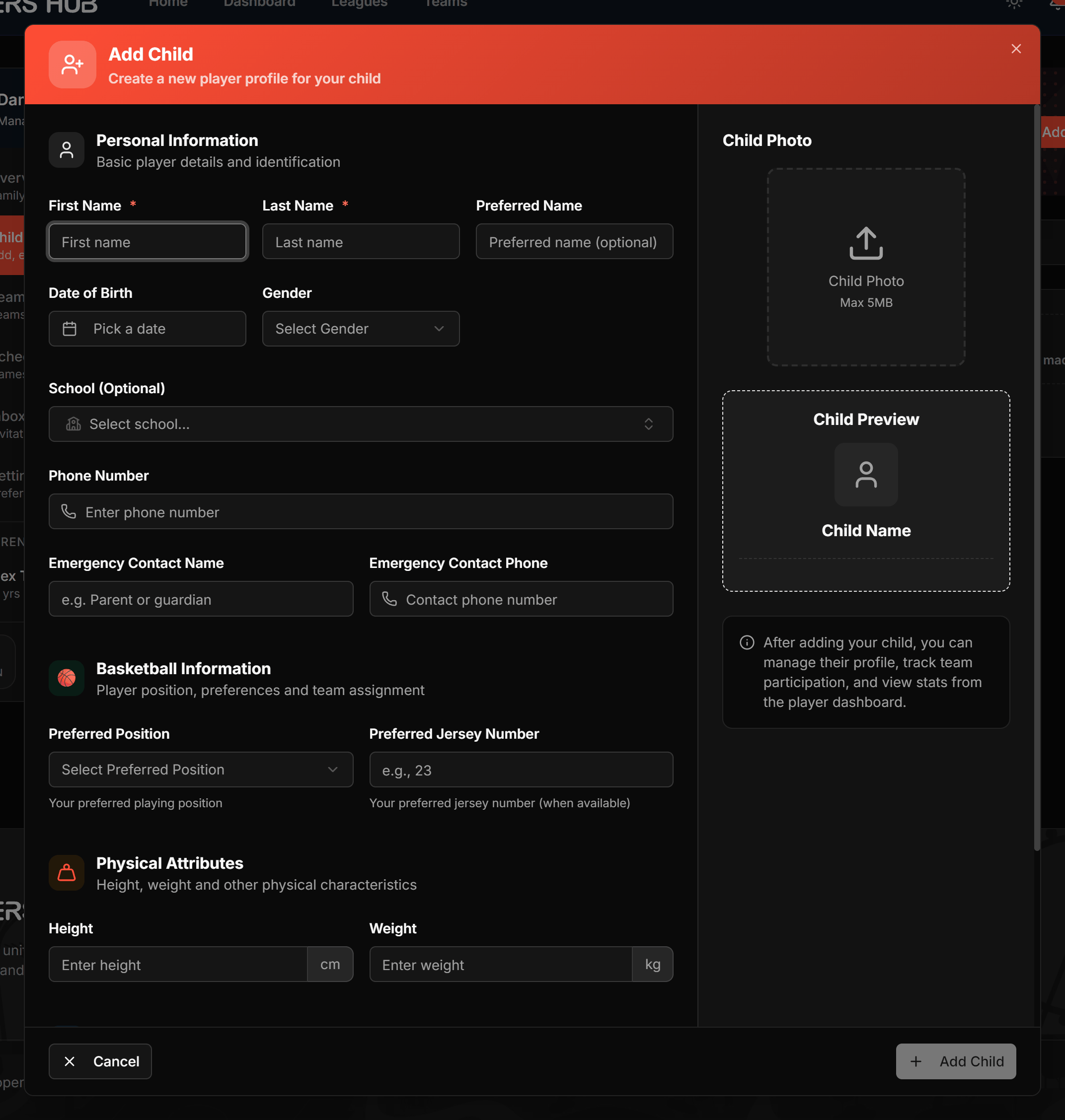 The Add Child dialog showing the details form and the possible existing player banner with a match to claim.