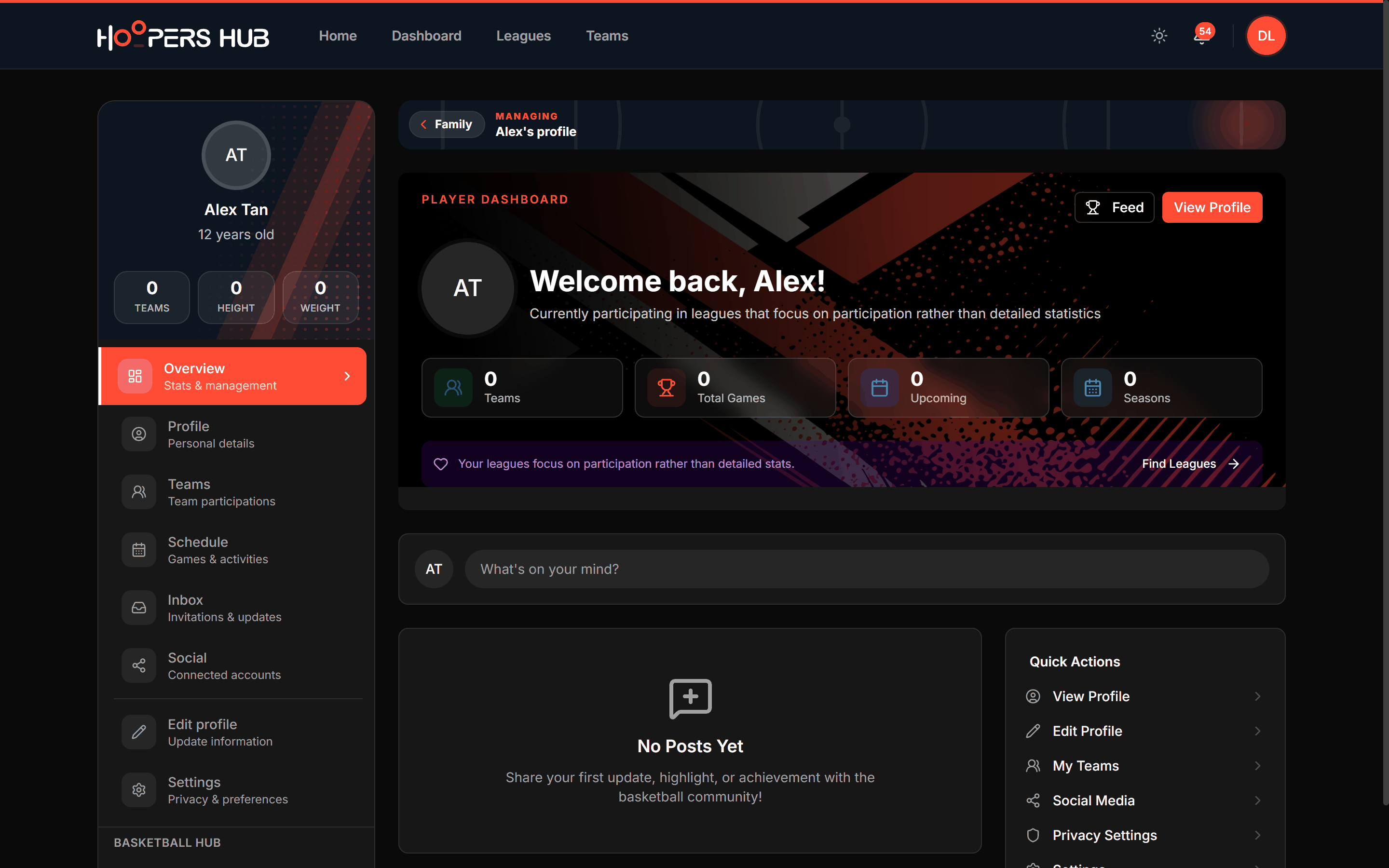 A child's player portal with the dark Managing banner above the page, showing the Family exit button, the child's name, and the Switch control.