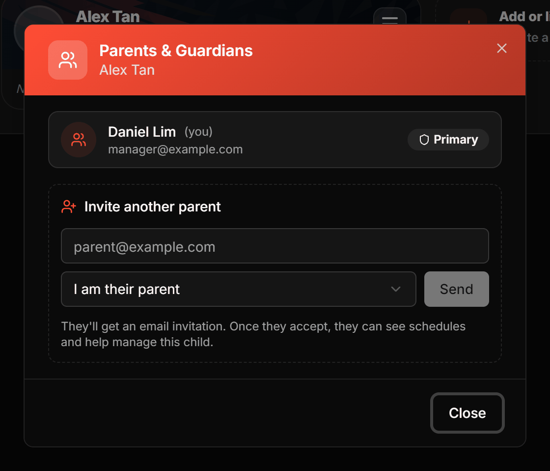 The Parents and Guardians dialog listing the existing guardians and the form to invite another parent by email with a relationship selector.