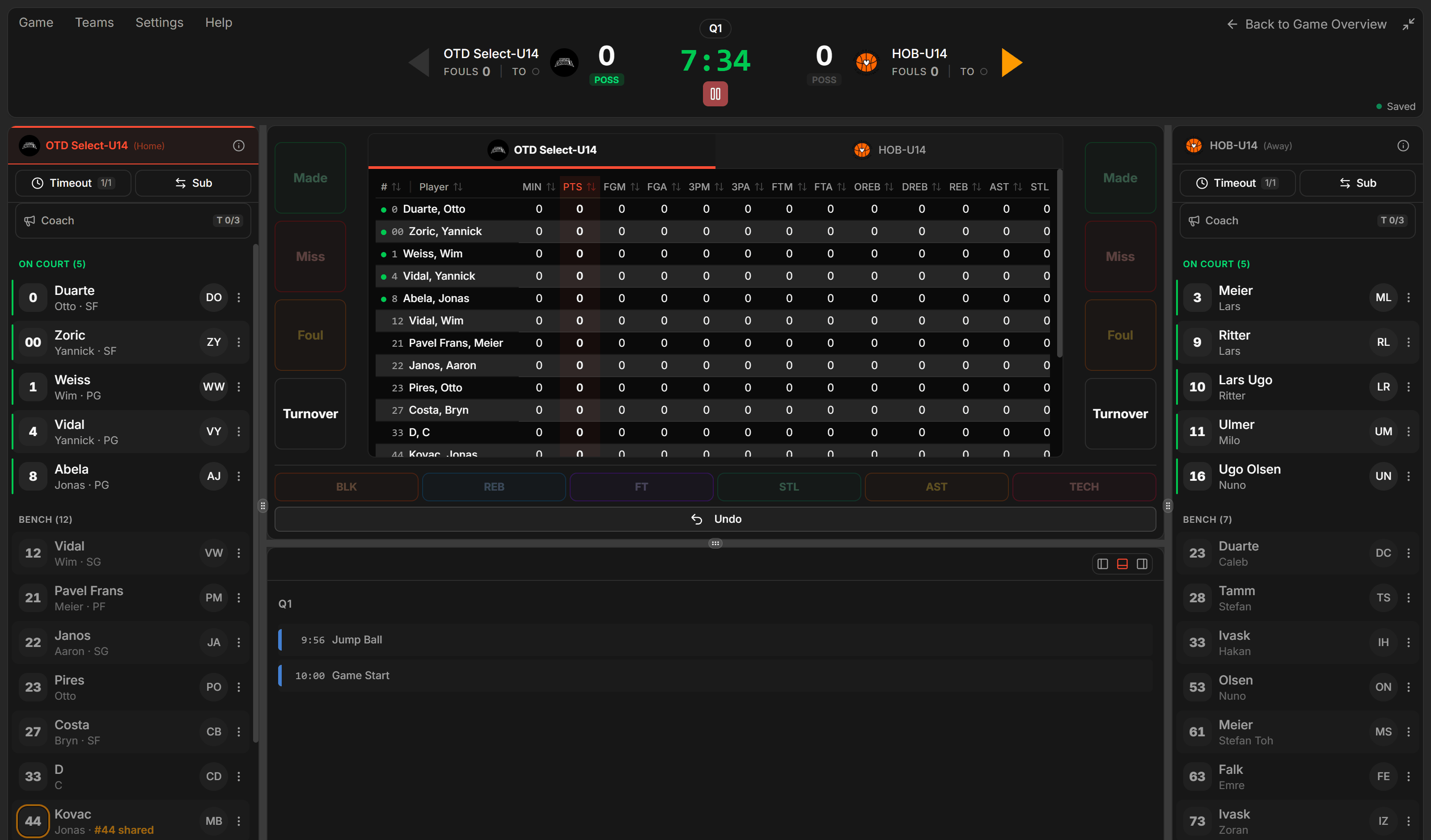 The live encoder: the scoreboard header, the two team panels on the left and right, the action area in the middle and the play-by-play below.