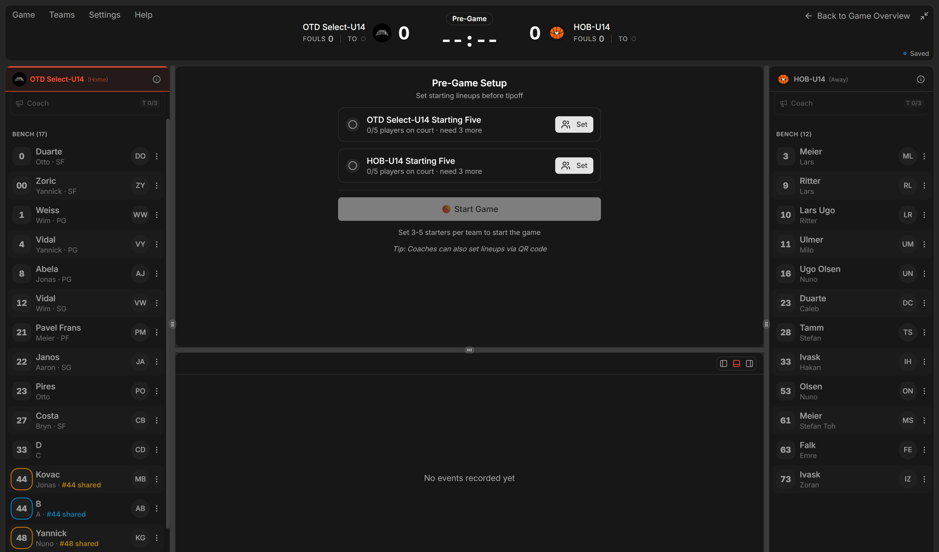 The encoder before tipoff: both squads listed down either side, and the Pre-Game Setup panel in the middle with a Starting Five card per team and the Start Game button.