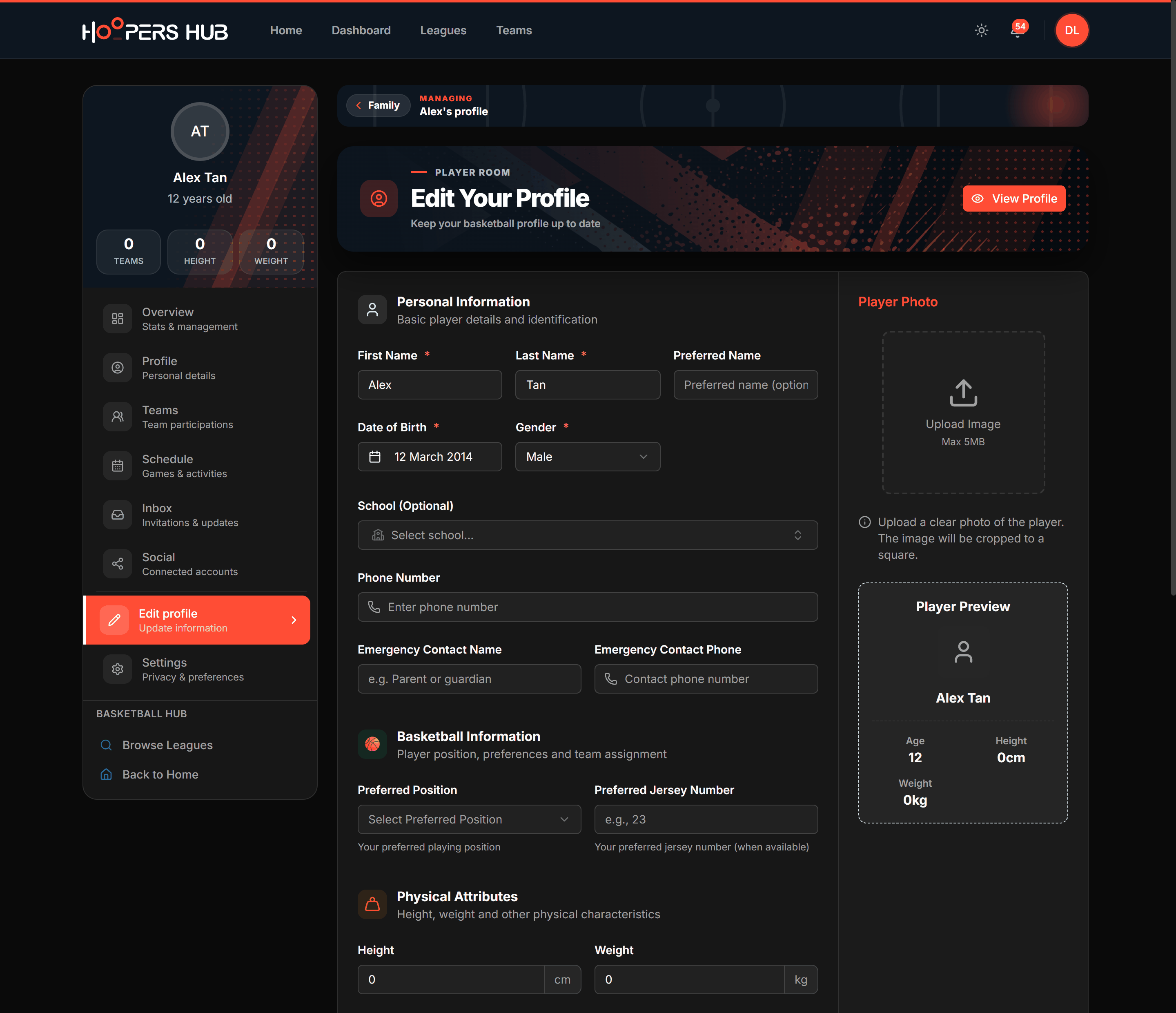 The Edit profile page showing the personal, contact, basketball and about field groups with the live preview panel.