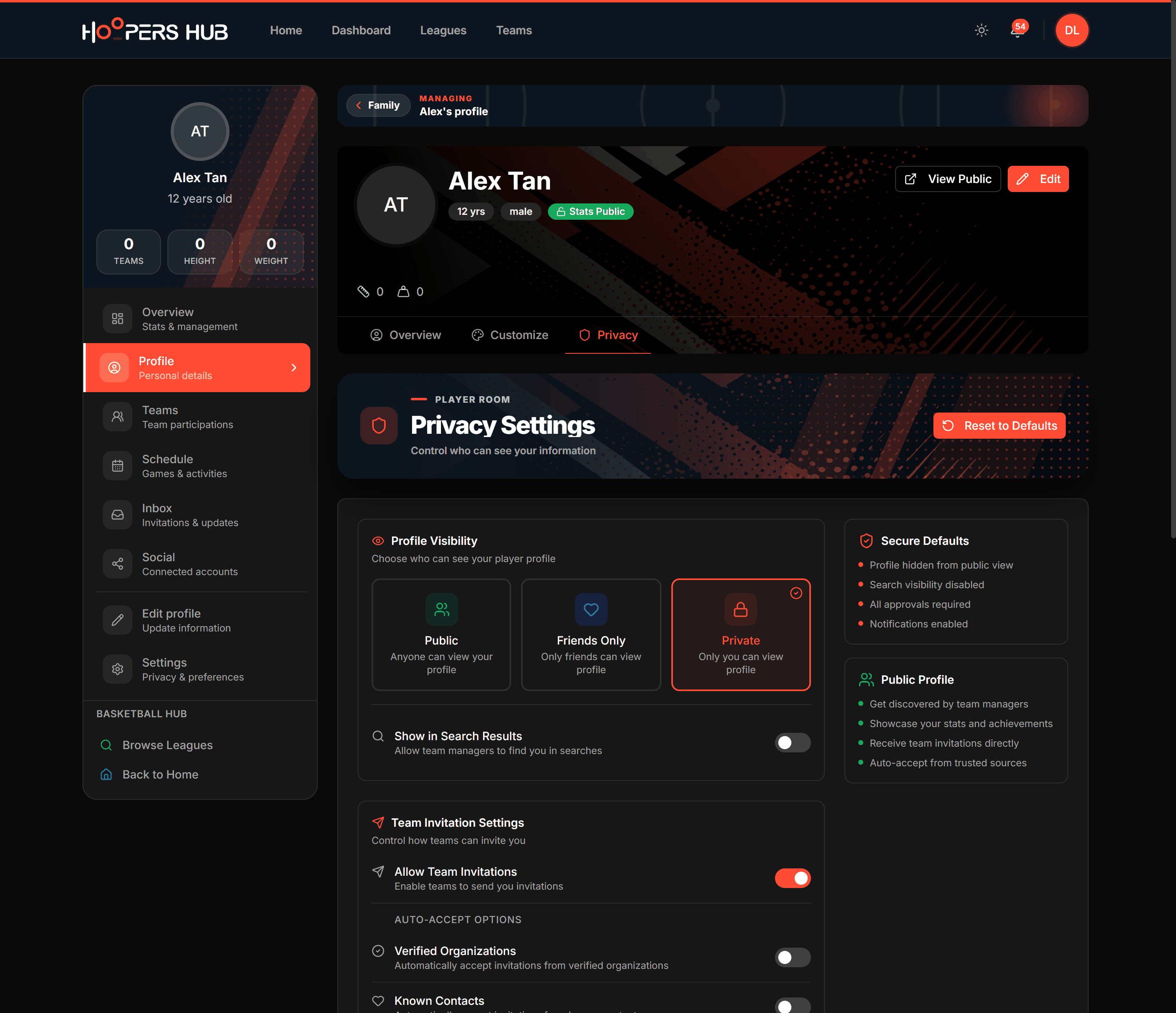 The Privacy tab showing profile visibility options and the toggles for search visibility, team invitations and auto-accept rules.