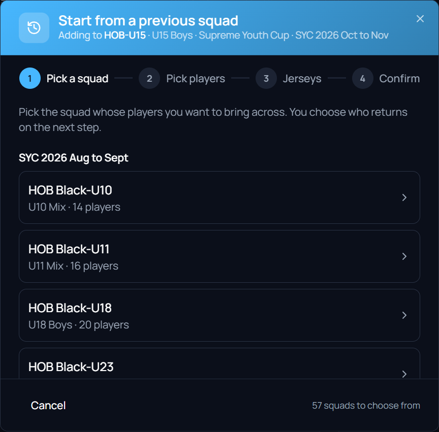 The Start from a previous squad wizard on its first step, Pick a squad, adding to HOB-U15. Earlier squads are grouped under SYC 2026 Aug to Sept, each showing its division and player count, with 57 squads to choose from in the footer.