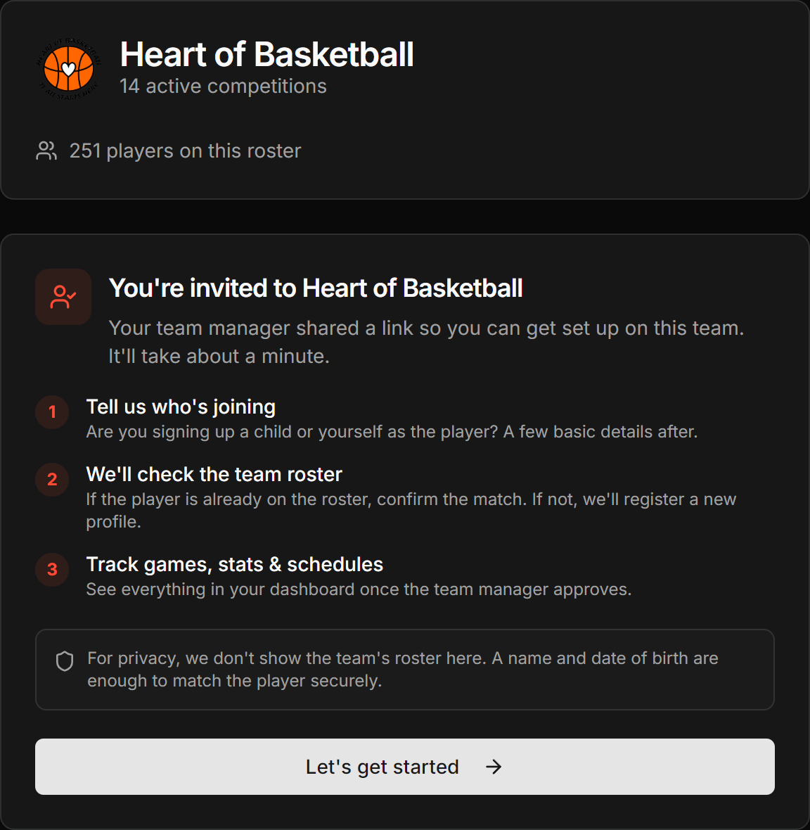 The team preview screen showing the team name, badge and a Continue button.