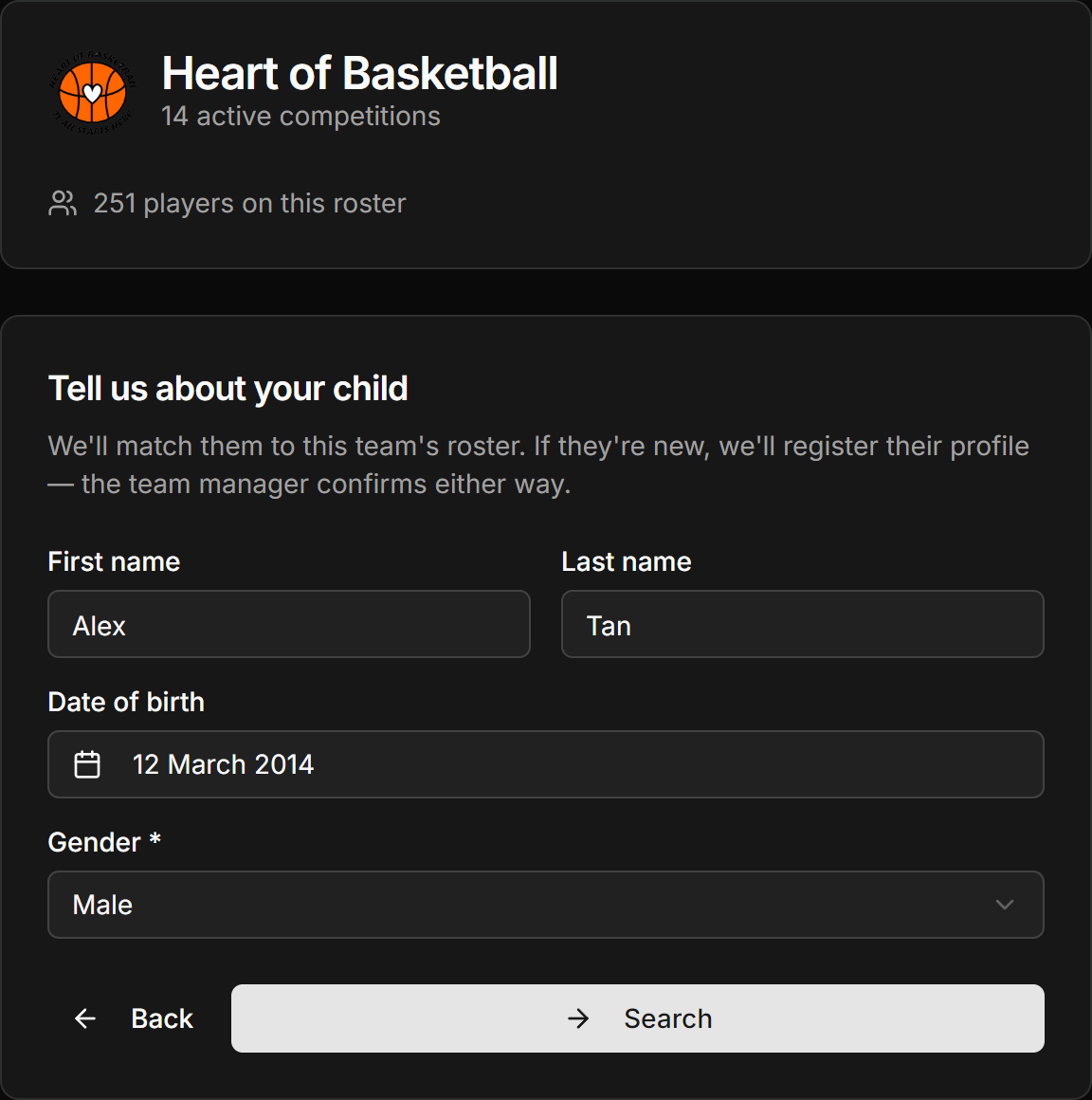 The details form with first name, last name, date of birth and gender fields.