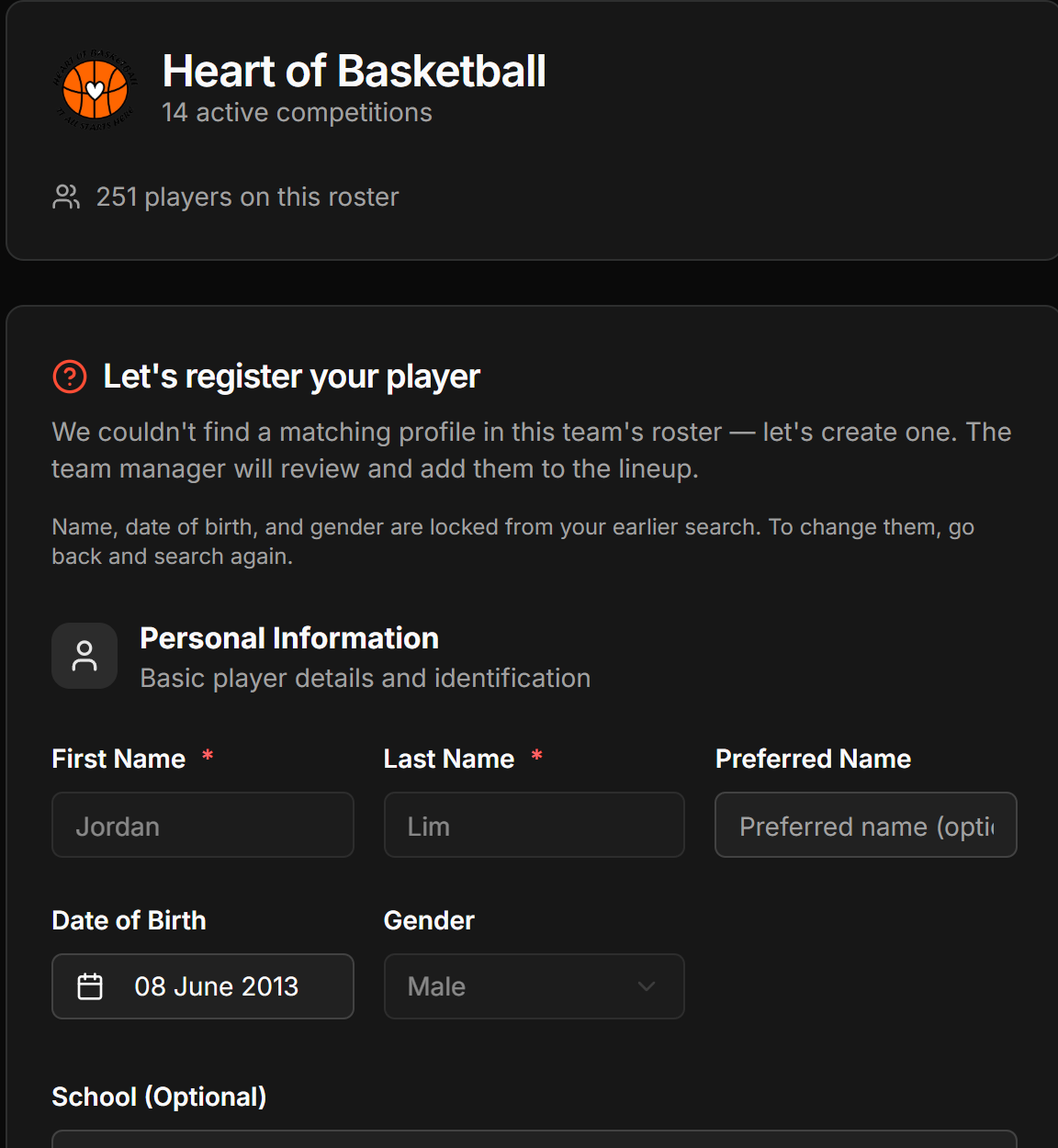 The register-a-new-player screen, explaining that no matching profile was found.