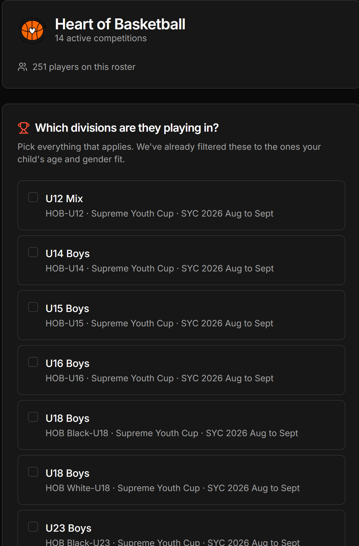 The division picker showing eligible competitions with checkboxes.