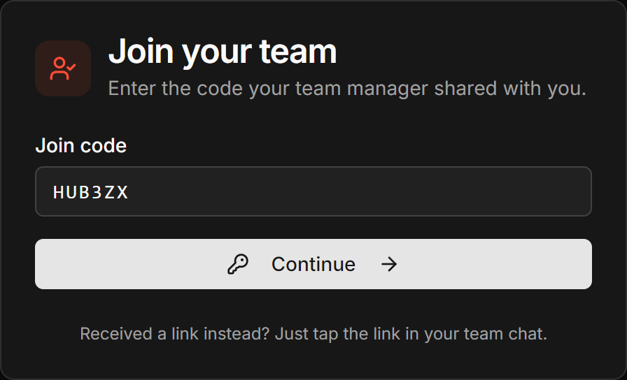 The Join your team screen with the join code field.