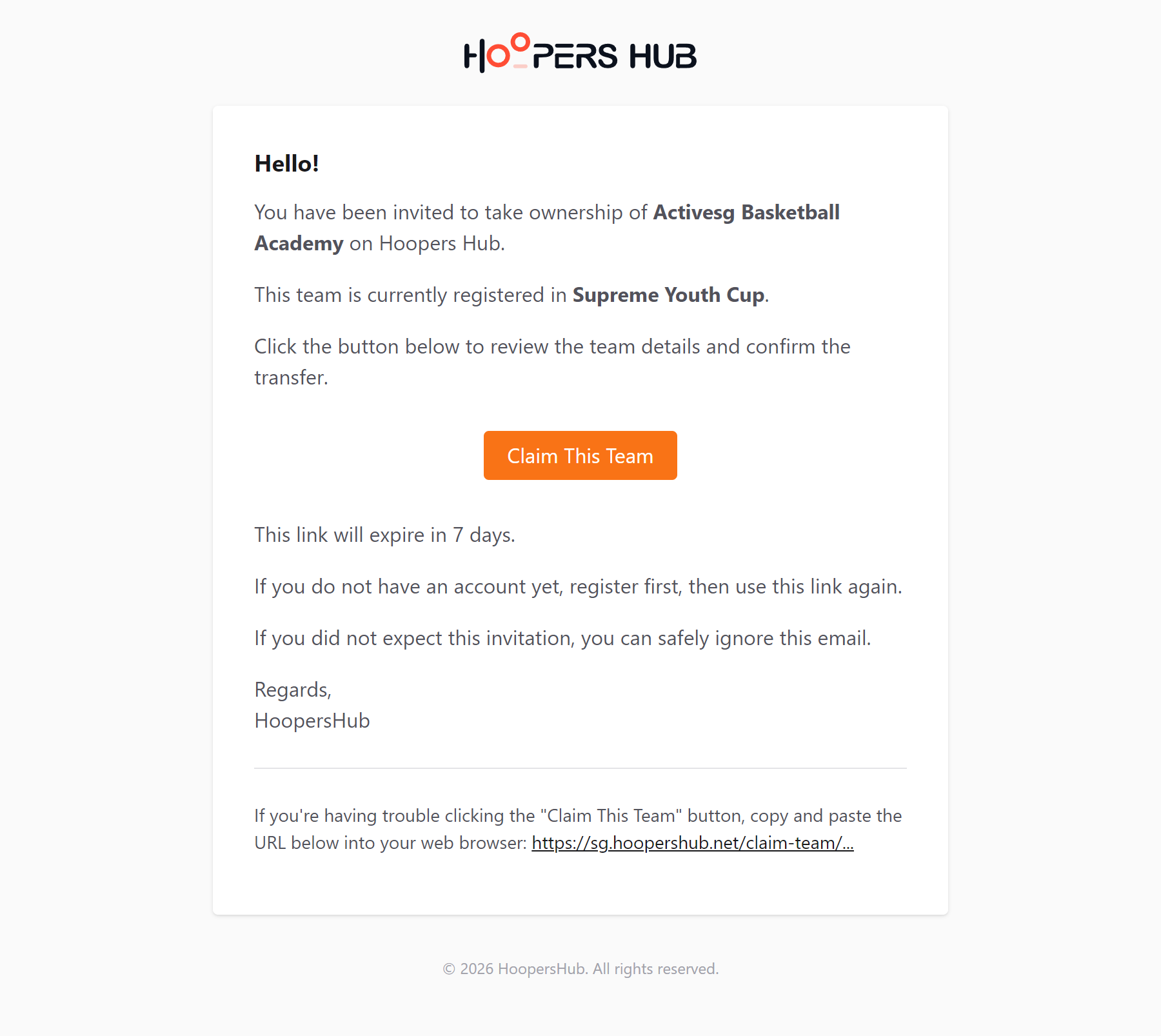 The team transfer invitation email with the Claim This Team button.
