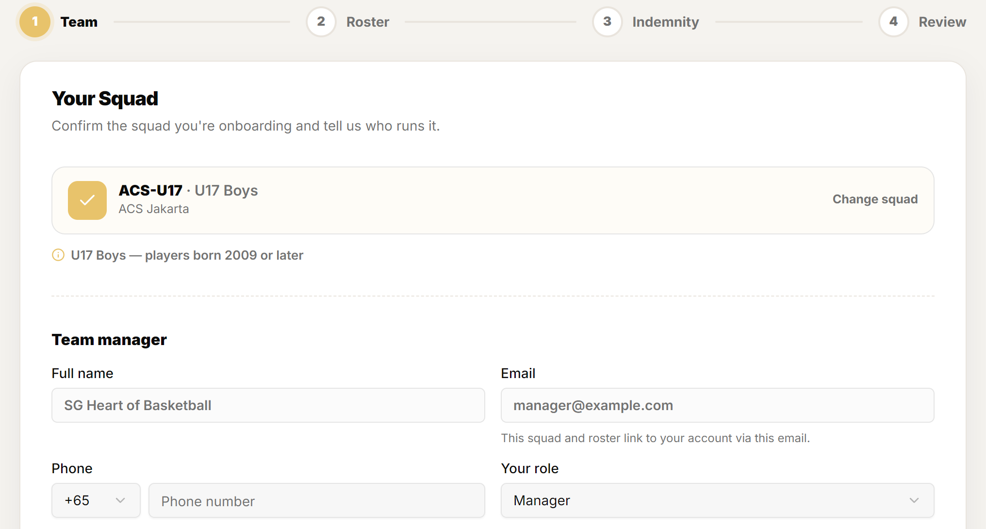 The team onboarding wizard showing the Team, Roster, Indemnity and Review steps.