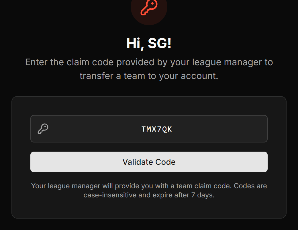 The claim team screen with the claim code field and Validate Code button.