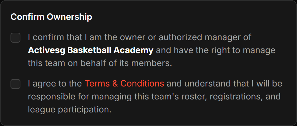 The Confirm Ownership panel with its two tick boxes.
