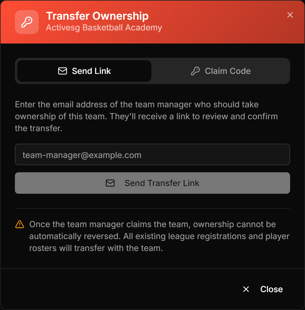 The Transfer Ownership dialog with the Send Link and Claim Code tabs.
