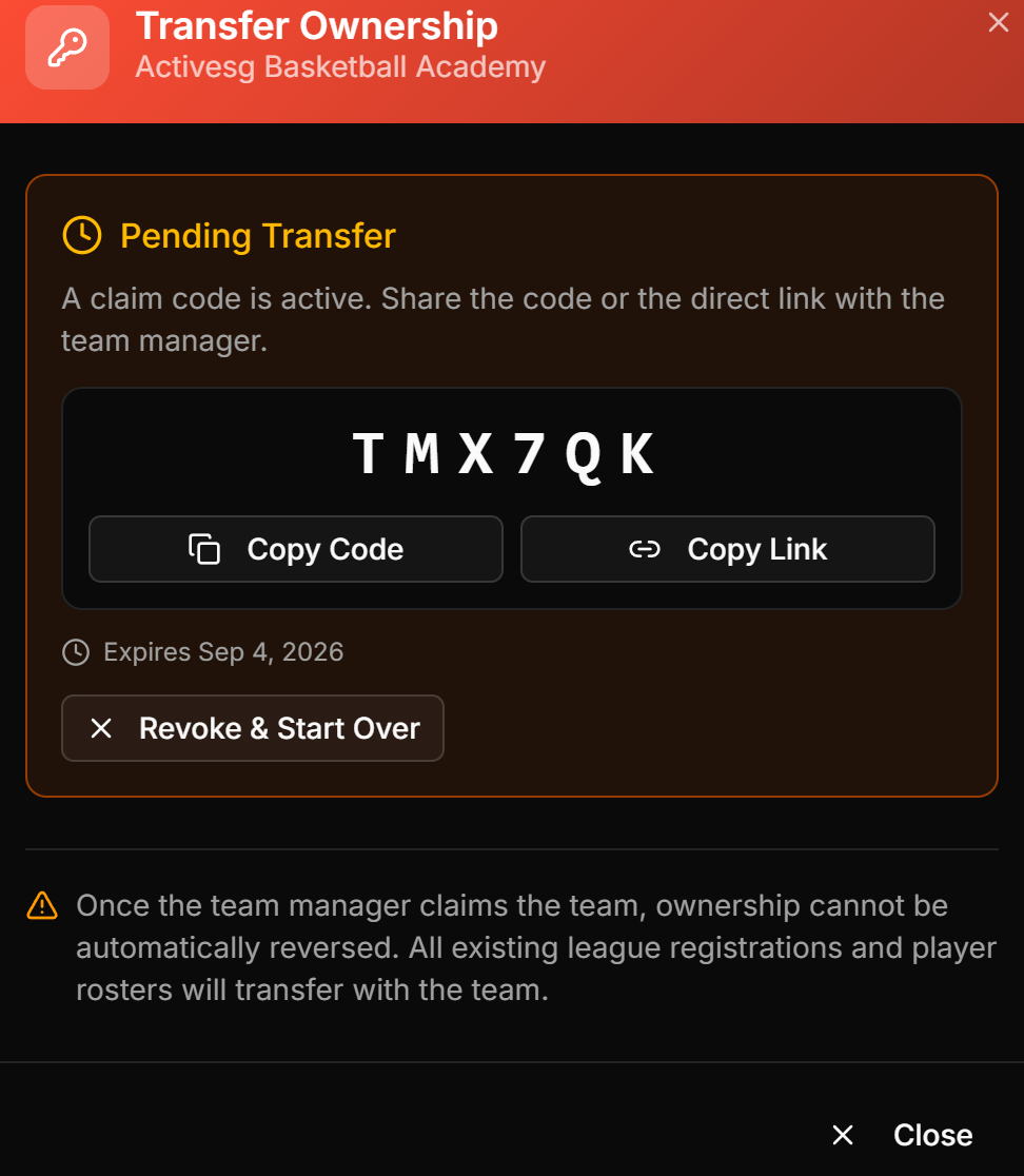 A generated claim code with Copy Code and Copy Link buttons and its expiry date.