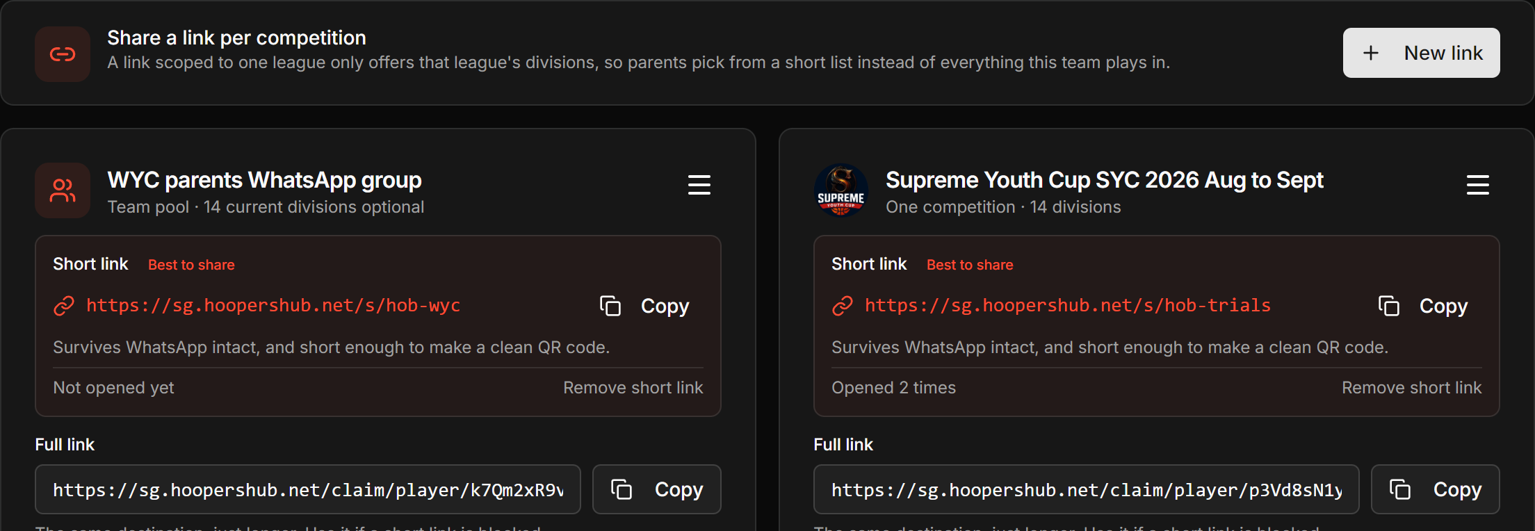 The Claim Link tab with the New link button and the empty state below it.