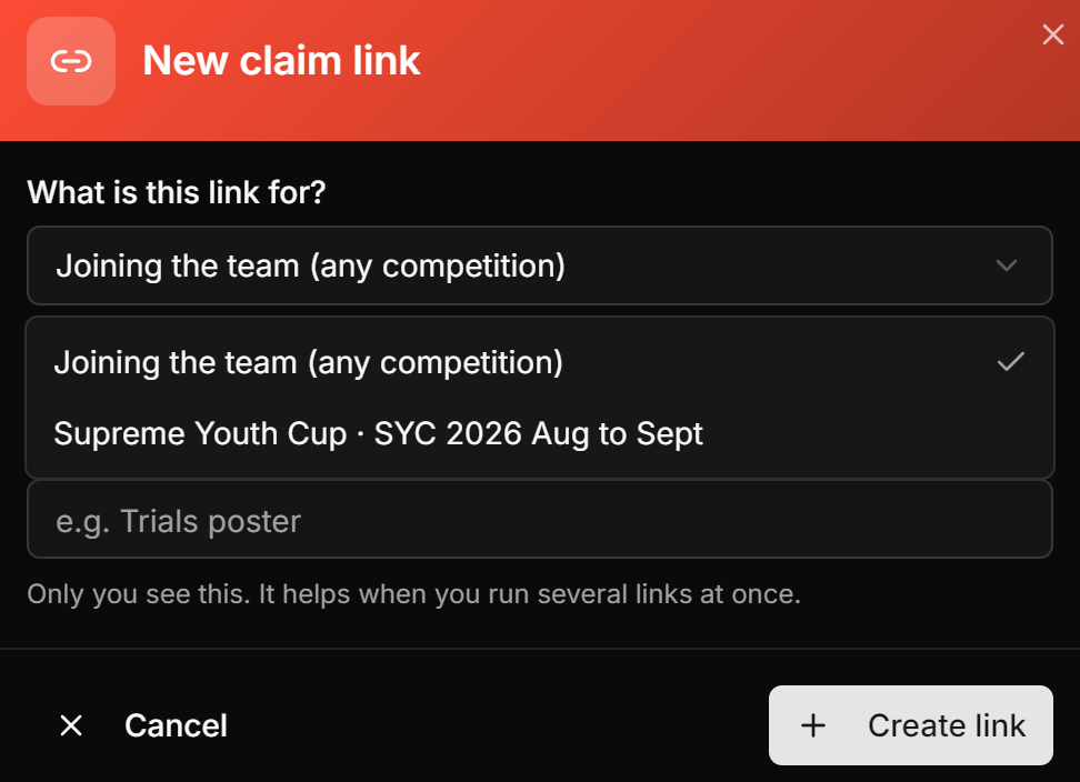 The New claim link dialog with the competition scope dropdown and optional name field.