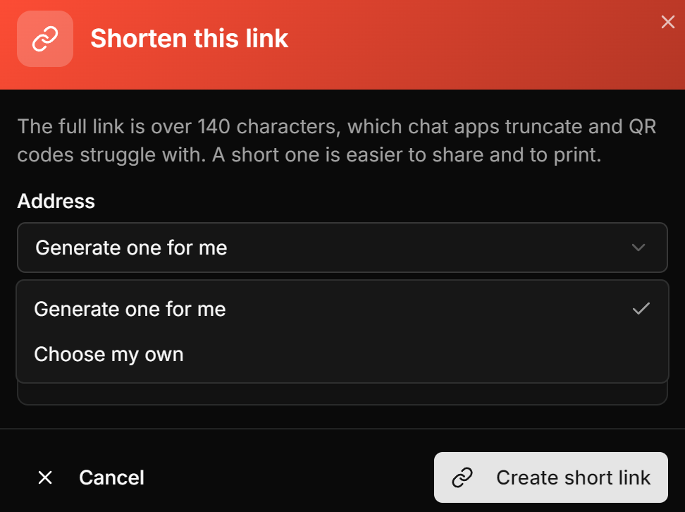 The Shorten this link dialog with the generated and custom address options.