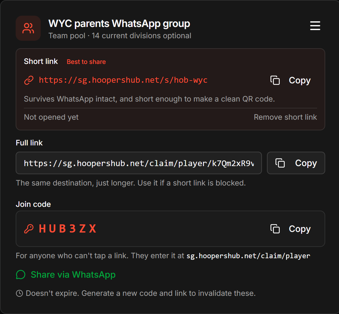 A claim link card showing the short link, the join code, the click count and the Share via WhatsApp button.