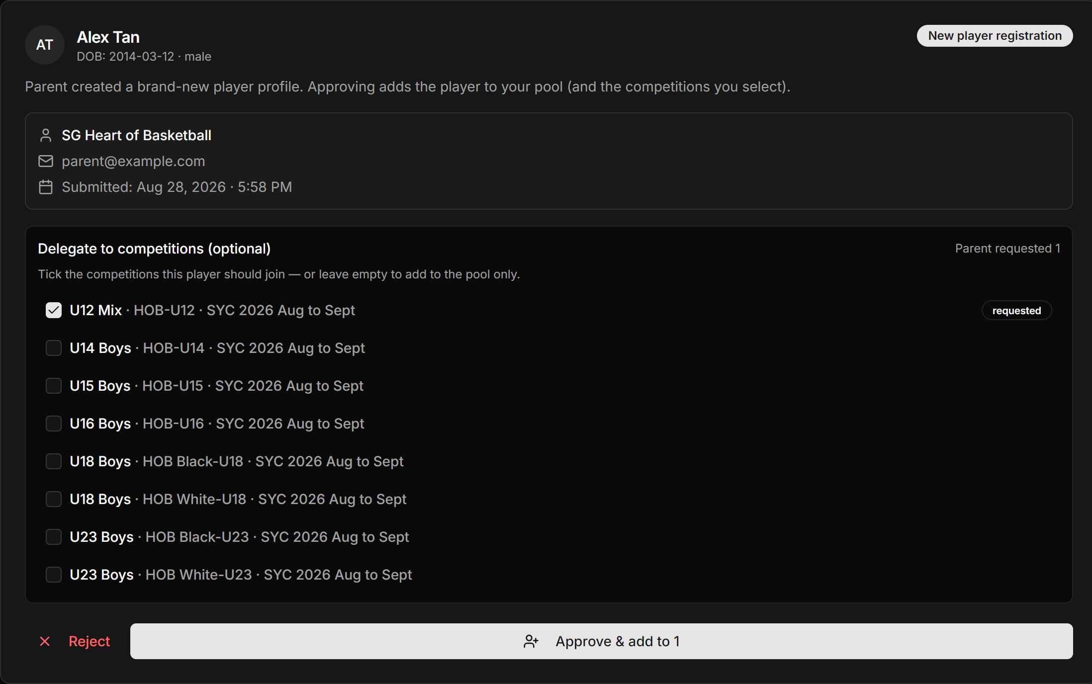 A pending claim request card showing the player, the request type badge, and eligible division checkboxes.