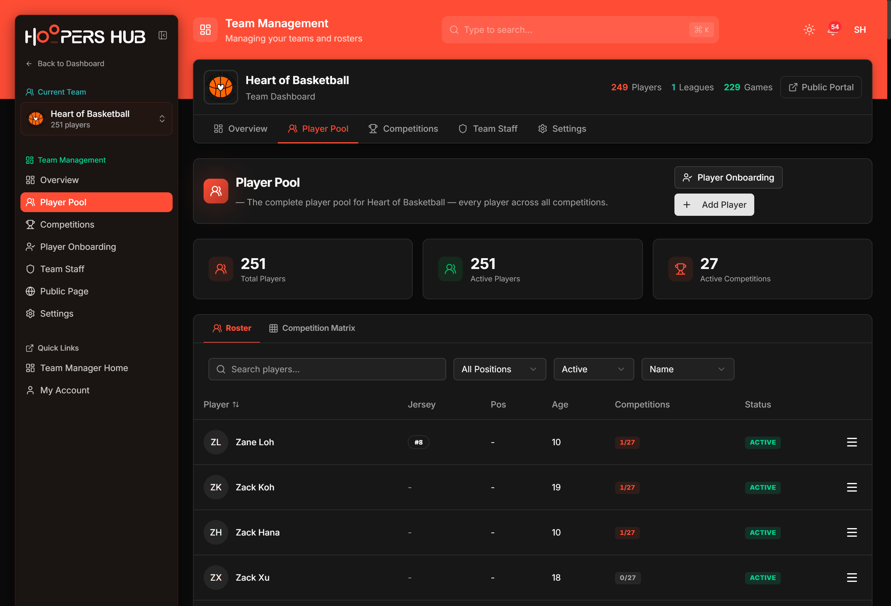 The Player Pool page showing the team tab strip, the player table and the Add Player button.