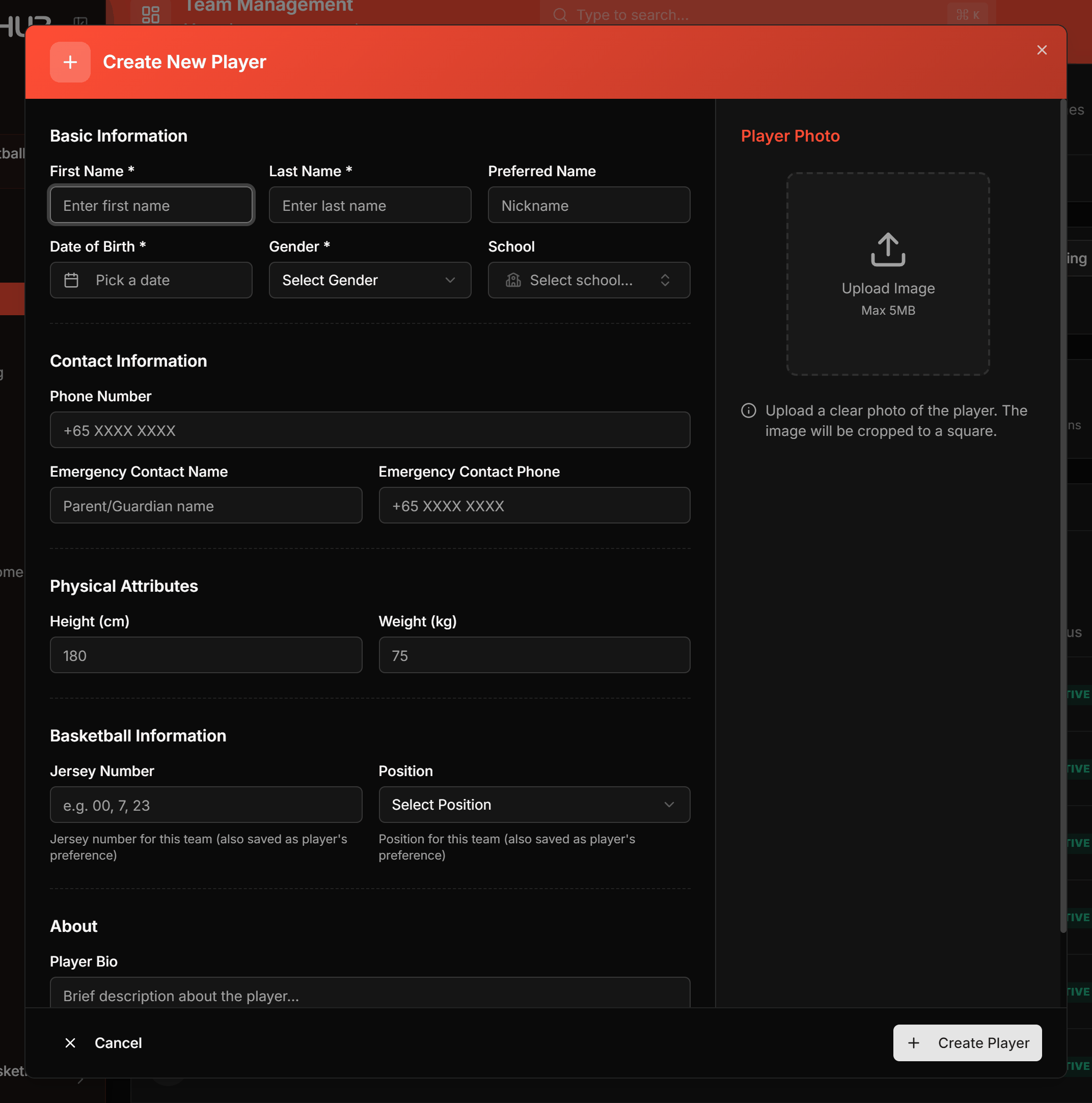 The Create New Player dialog showing Basic Information fields on the left and the photo panel on the right.