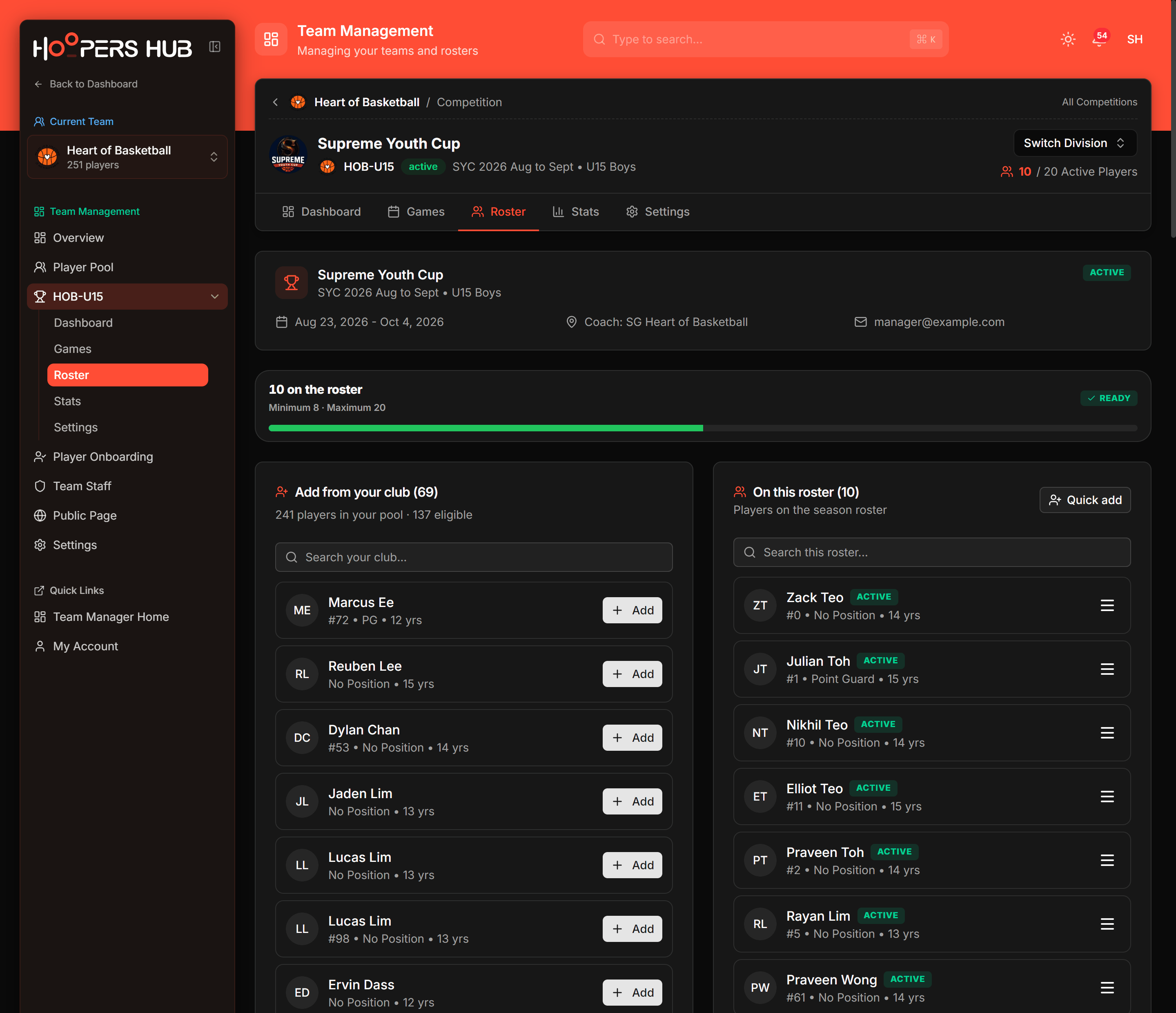 The competition Roster tab with the count strip above, Add from your club on the left and On this roster on the right.