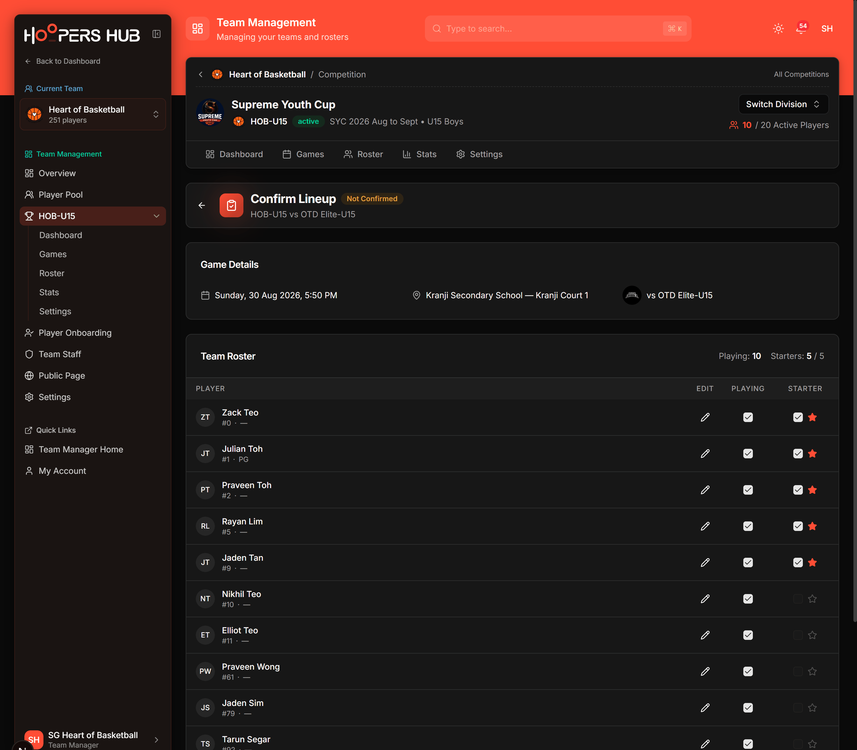 The Confirm Lineup page showing the team roster with Playing and Starter columns and the starter counter.