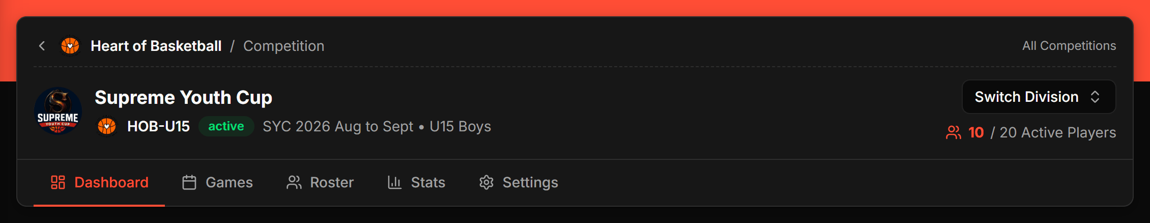 The competition header showing the squad name, season and division, the Switch Division control, the active player count, and the Dashboard, Games, Roster, Stats and Settings tabs.